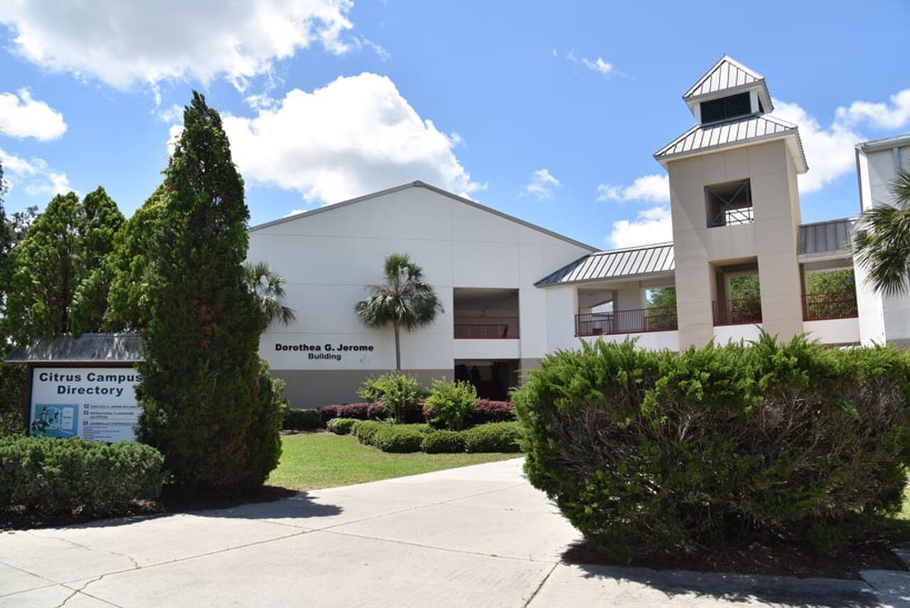 Suburban residential street in Lecanto, Florida with mature oak trees and Florida landscaping