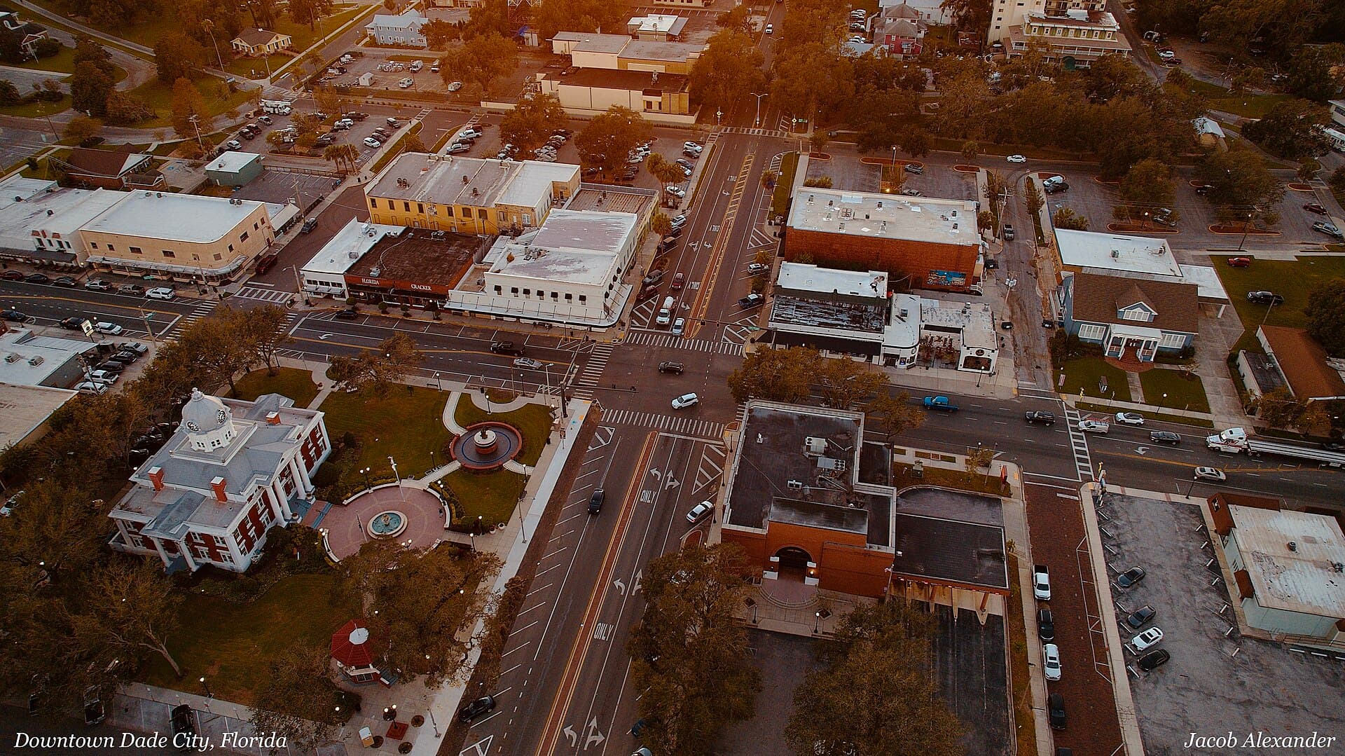 Historic downtown Dade City, Florida with brick buildings and oak-lined streets